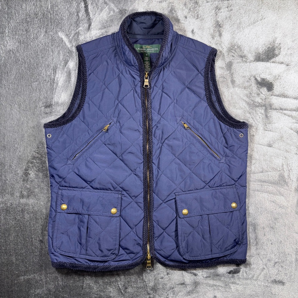 Lauren Ralph Lauren Quilted Vest Navy Blue Corduroy Trim Pockets Womens Medium
